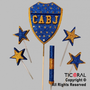 ADORNO DE TORTA SET ESCUDO BOCA CON 4 ESTRELLAS Y BENGALA GIBRE x 1
